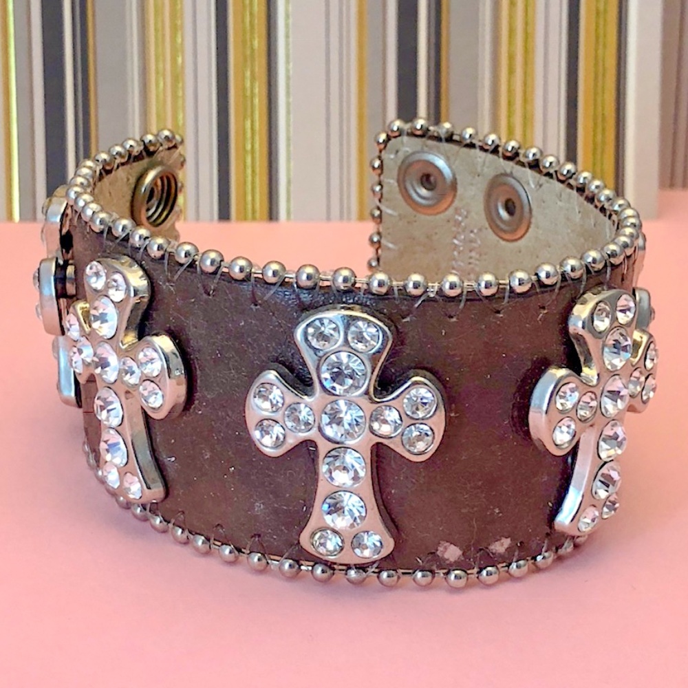 Thick Cuff Bracelet Bling Silver Colored Cross